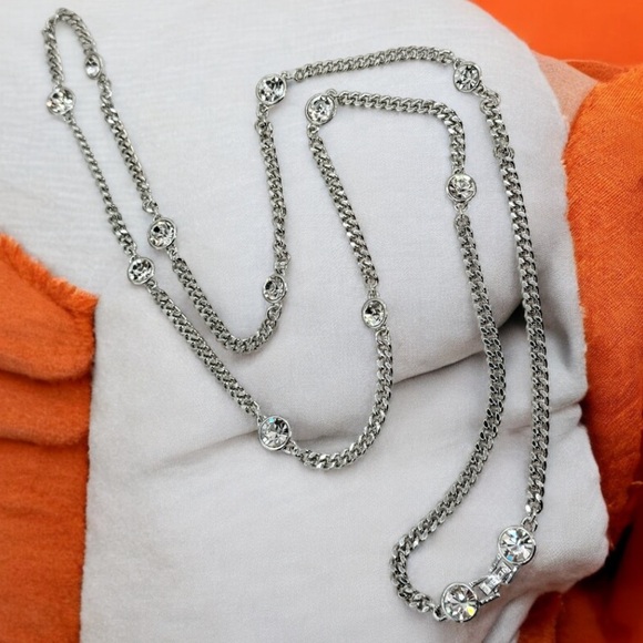 Givenchy Long Necklace Station Rhinestone Crystal Silver Chain. NWOT - Picture 6 of 7